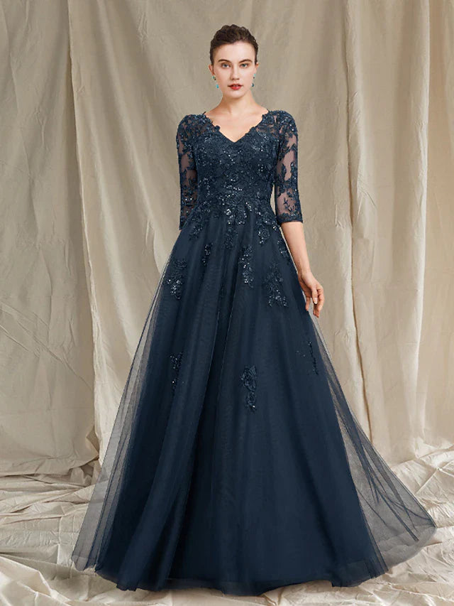 Wholesale A-Line Mother of the Bride Dress Luxurious Elegant V Neck Floor Length Chiffon Lace Tulle Half Sleeve with Sequin Appliques